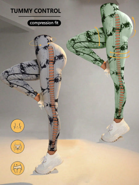 2-Pack Tie-Dye High-Waist Butt-Lifting Women's Fitness Leggings - Cutout Yoga Tights for Workout & Gym