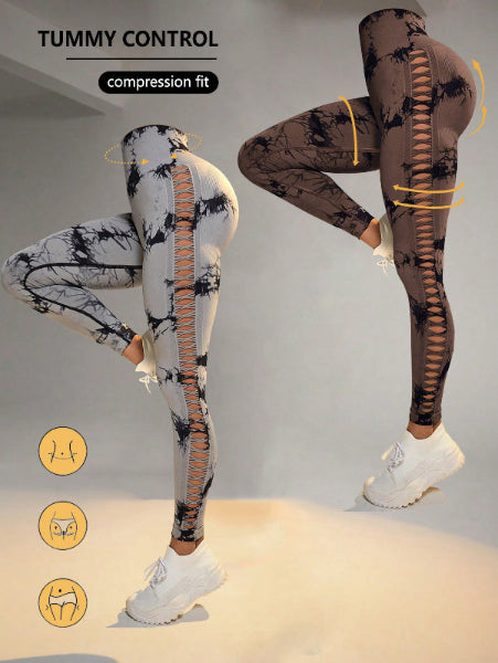 2-Pack Tie-Dye High-Waist Butt-Lifting Women's Fitness Leggings - Cutout Yoga Tights for Workout & Gym