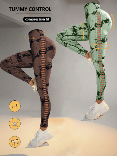 2-Pack Tie-Dye High-Waist Butt-Lifting Women's Fitness Leggings - Cutout Yoga Tights for Workout & Gym